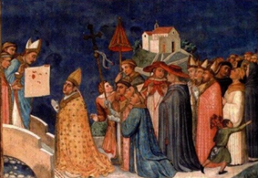 El Obispo Giaccomo, acompañado de Santo Tomás, presenta el corporal al Papa.